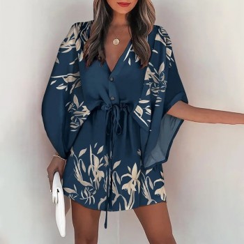 Batwing Sleeve Print Lace Up Mini Dress for Women Sexy V-Neck Casual Loose Boho Holiday Short Dresses
